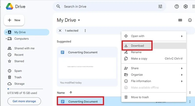 Converti Google Documenti in Microsoft Word tramite Google Drive.