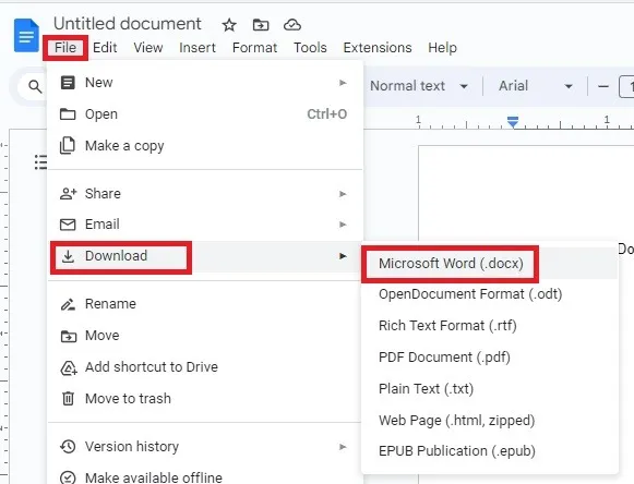 파일을 Microsoft Word로 다운로드하는 방법을 보여주는 Google Docs의 파일 메뉴입니다.