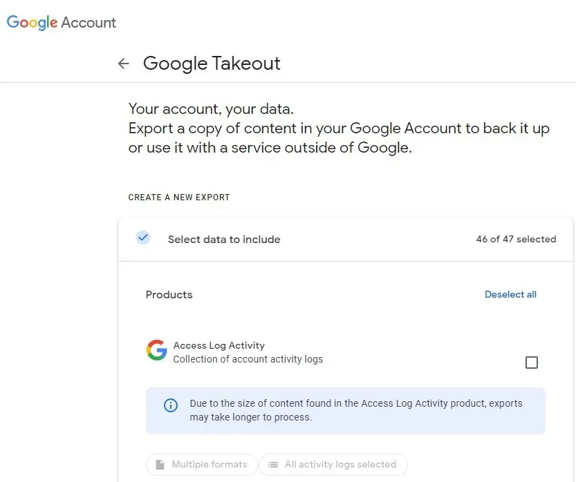 Google Takeout を使用してバックアップするデータを選択します。