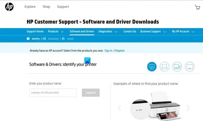 Download de firmware HP do suporte HP