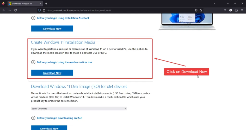 Página de download da ferramenta de criação de mídia no site da Microsoft