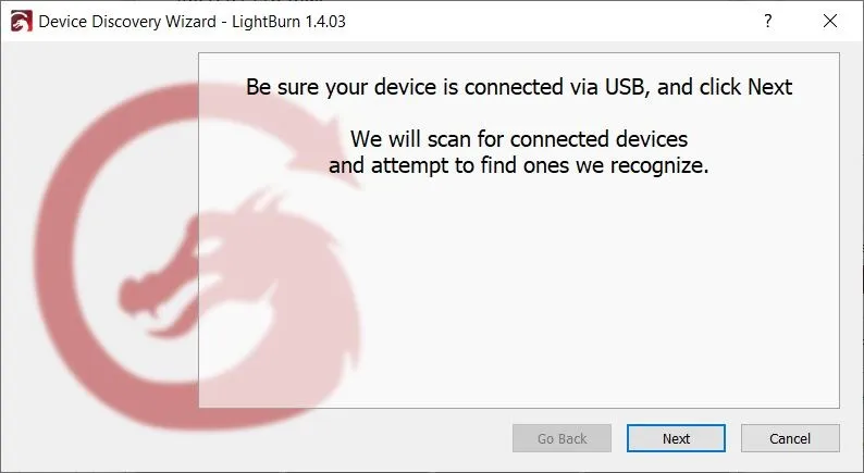 Procedura dettagliata sul menu del nuovo dispositivo LightBurn