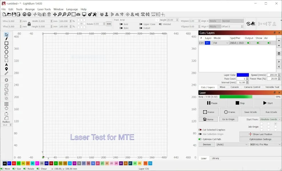 Visualización del software LightBurn para iKier Laser Engraver
