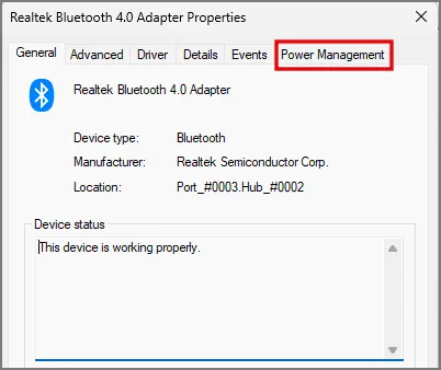 onglet de gestion de l'alimentation dans les propriétés de l'adaptateur Bluetooth