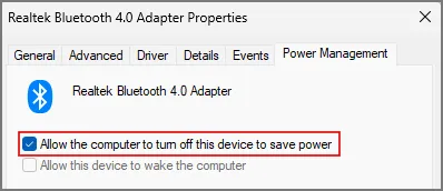 désactiver la gestion de l'alimentation pour Bluetooth dans Windows