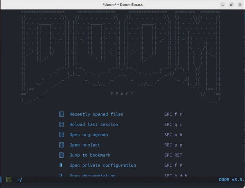 Ein Screenshot, der den standardmäßigen Begrüßungsbildschirm von Doom Emacs zeigt.