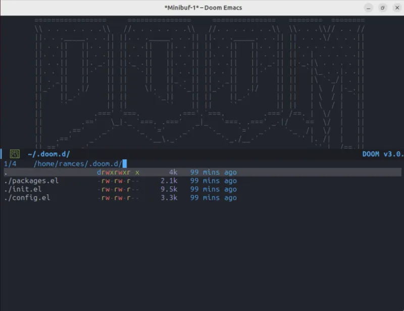 Una captura de pantalla que muestra una lista de los archivos de configuración disponibles para Doom Emacs.