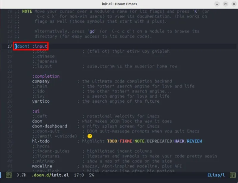 Ein Screenshot, der die Doom-Funktion für die aktuelle Doom Emacs-Installation hervorhebt.