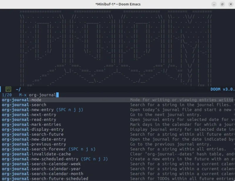 Una captura de pantalla que muestra una instalación de Doom Emacs en funcionamiento con un indicador de módulo personalizado.