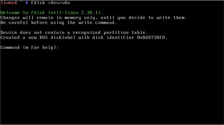 Una terminal que muestra el comando fdisk para el dispositivo /dev/vda.