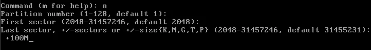 Un terminal montrant le processus de définition de la taille de la première partition.