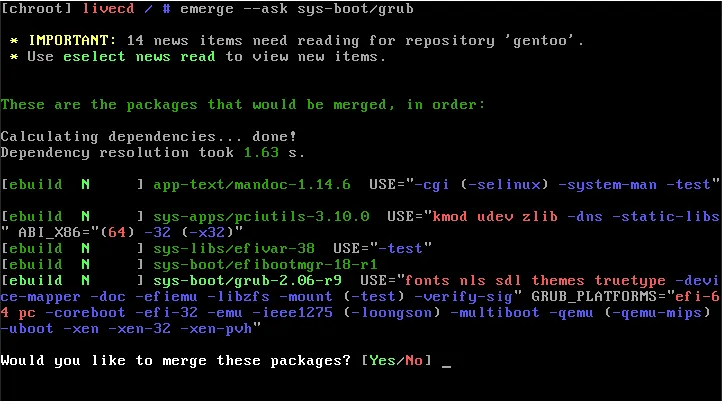 Een terminal die het proces toont voor het verkrijgen van de Grub-bootloader.