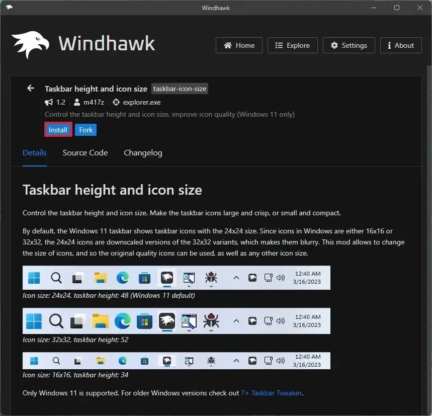 Installazione dell'estensione della barra delle applicazioni Windhawk
