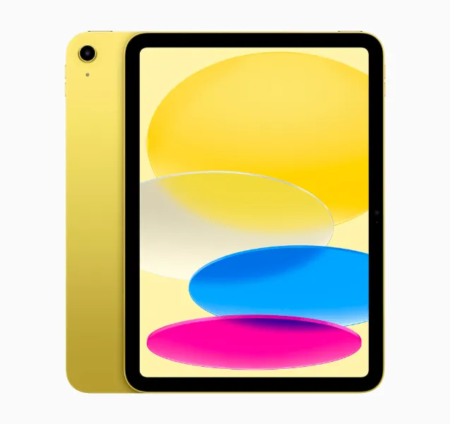 iPad giallo su sfondo bianco-grigio