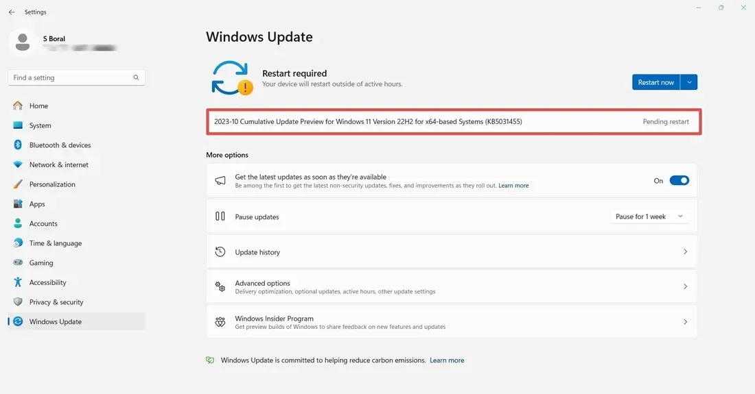 Herunterladen und Installieren des 22H2 KB5031455-Updates für Windows 11.