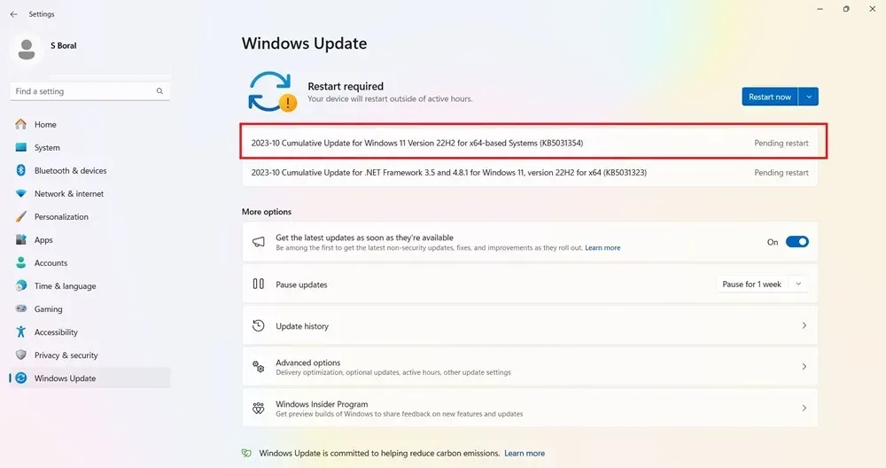 KB5031354-update in Windows 11 zichtbaar op pc.