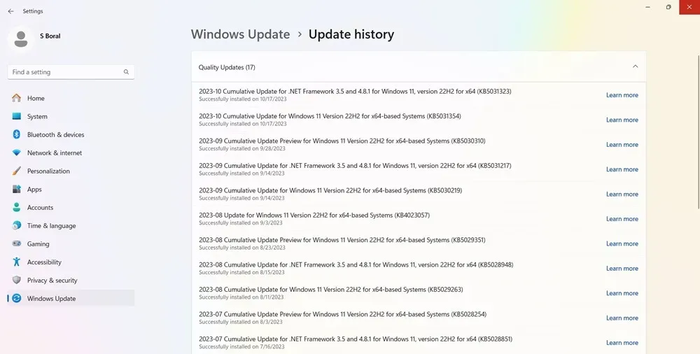 Windows-Updateverlauf für November 2023.