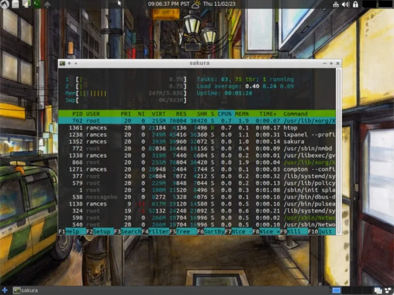 LXDE の現在のシステム リソース使用量を示す端末のスクリーンショット。