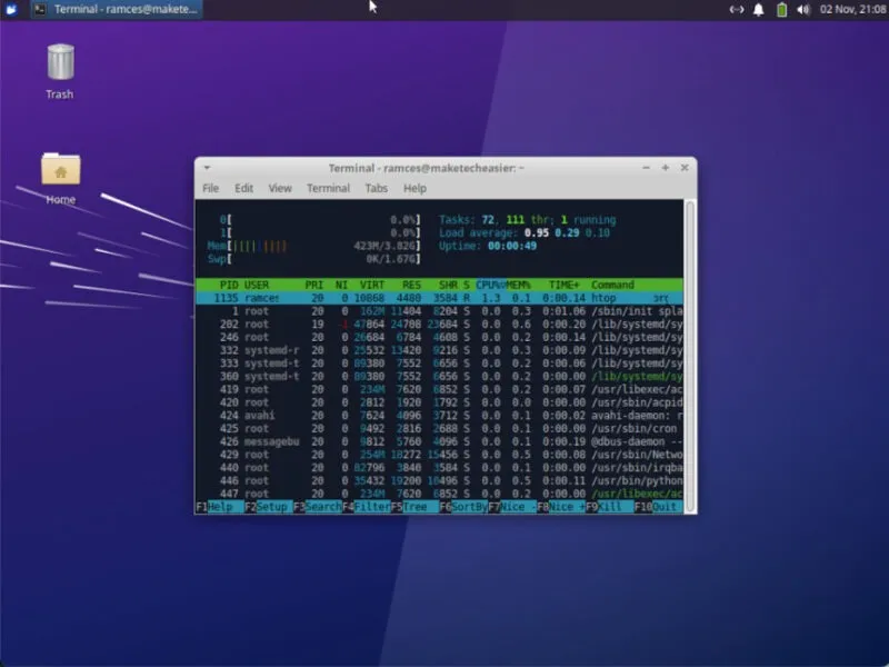 Une capture d'écran d'un terminal montrant l'utilisation actuelle des ressources système de XFCE.