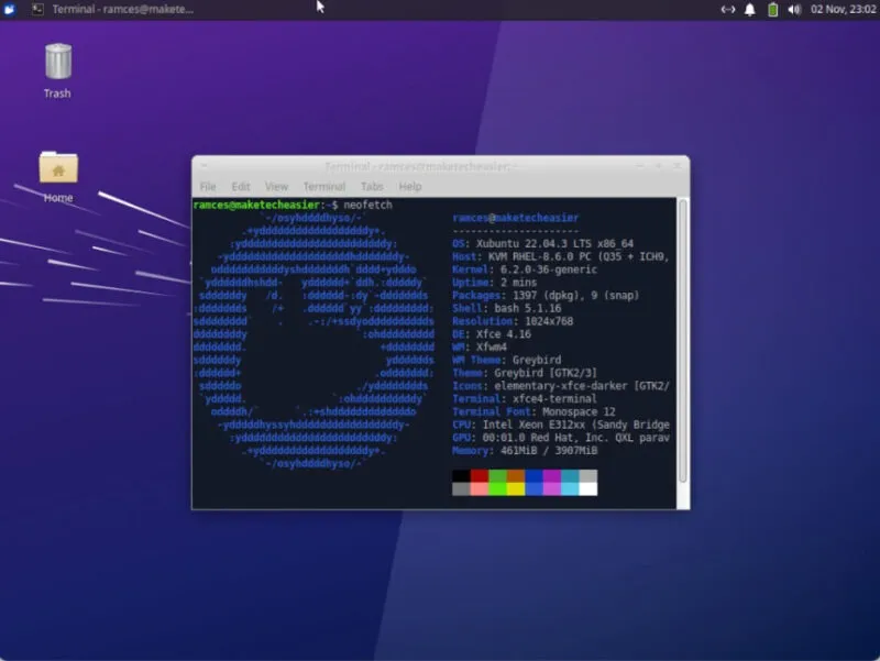 Ein Screenshot eines Terminals mit den Spezifikationen des KVM für XFCE.