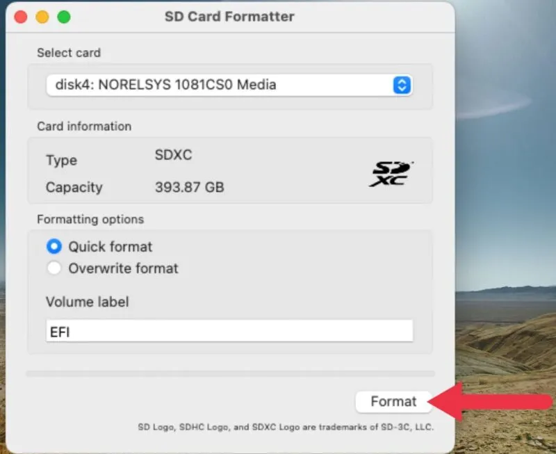 SD カード フォーマッタを開き、フォーマット オプションを選択します。