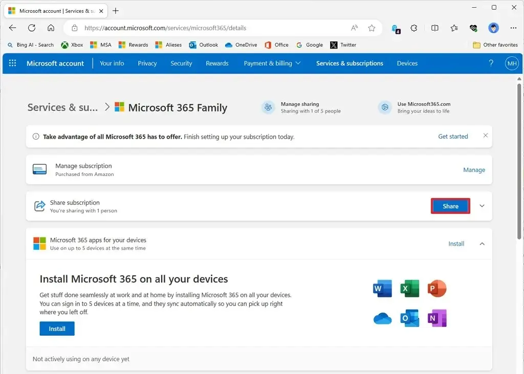 Assinatura de compartilhamento do Microsoft 365 Family