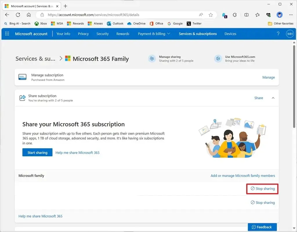 Microsoft 365 Family arrêter le partage
