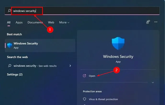 Öffnen der Windows-Sicherheit über die Windows-Suche.