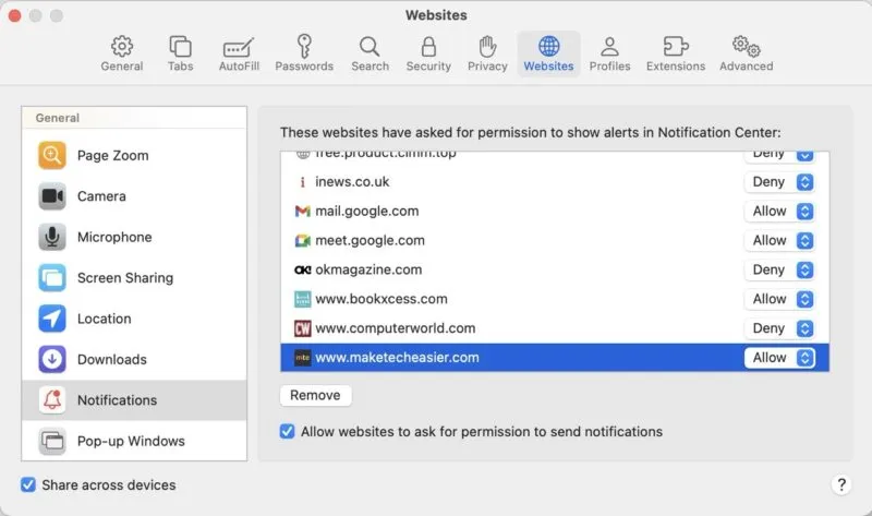 Paramètres de notification sur les sites Web dans Safari