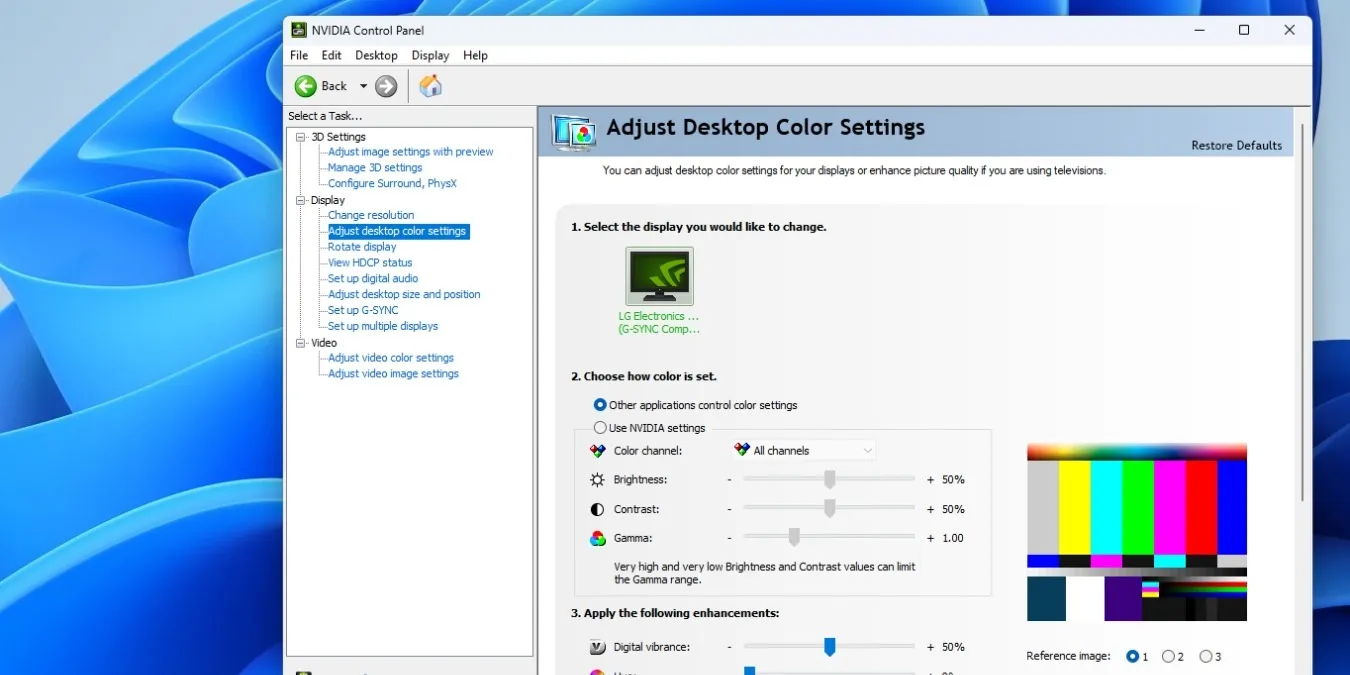 Captura de tela da área de trabalho do Windows 11 com janela do Painel de controle da Nvidia