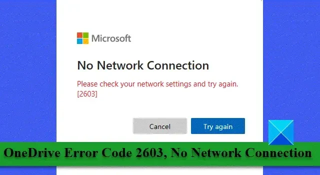 Código de error de OneDrive 2603, sin conexión de red