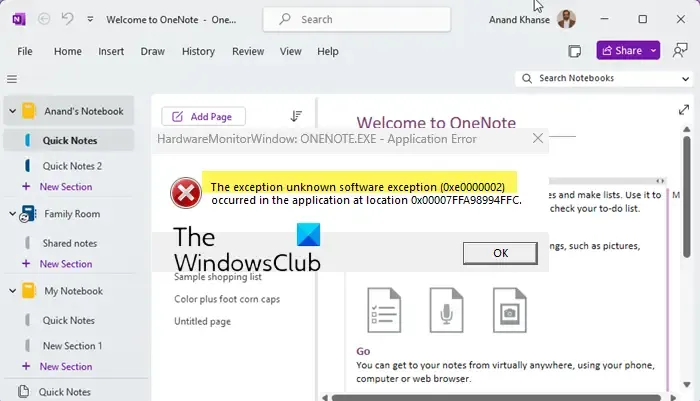 Erro do OneNote 0xe0000002, exceção de software desconhecido