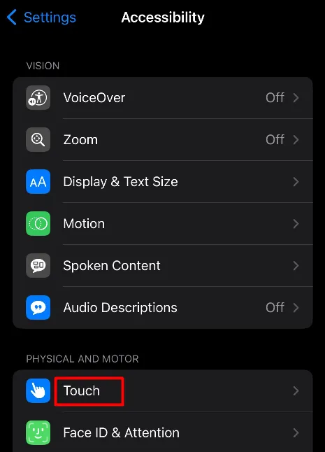 Abra Touch en Accesibilidad en iPhone