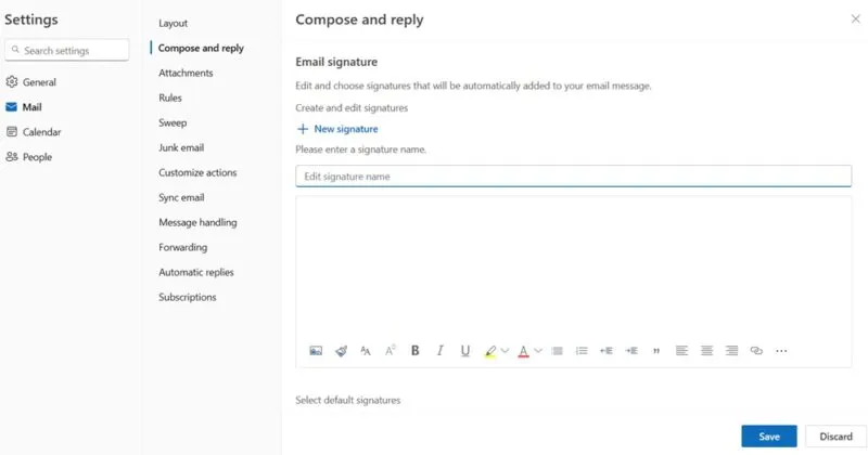 Outlook em uma assinatura de navegador acessível em Configurações, Escrever e Responder.