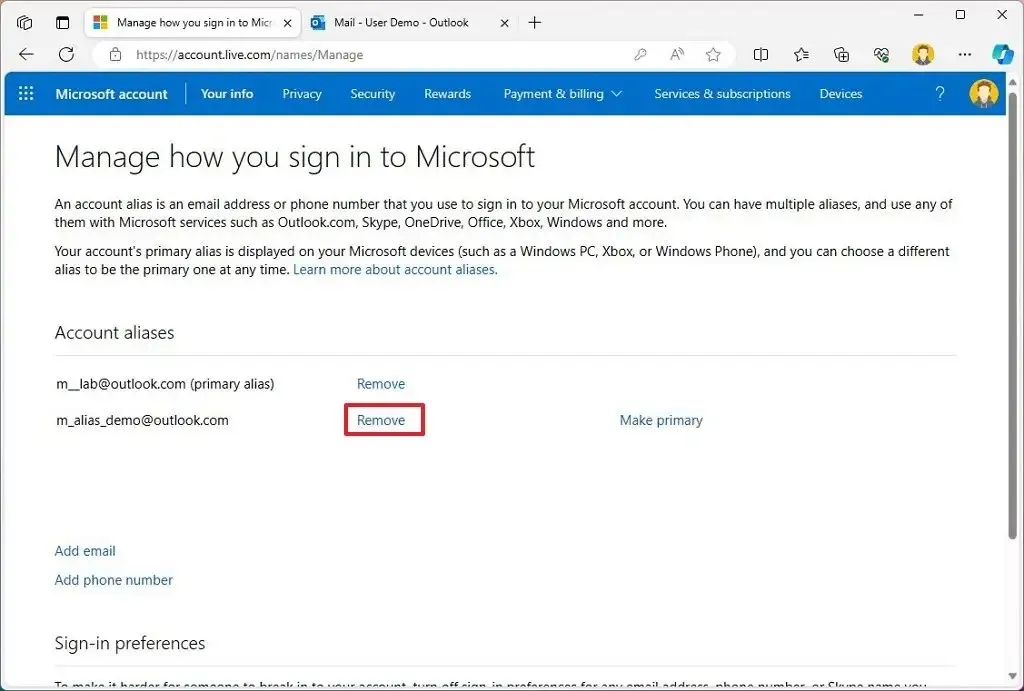 Microsoft 帳戶刪除 Outlook 電子郵件別名
