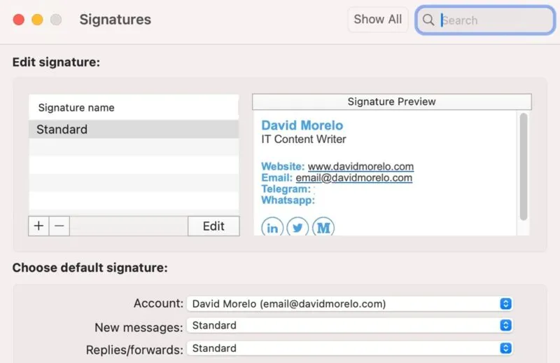 Detalhes da assinatura do Outlook para Mac.