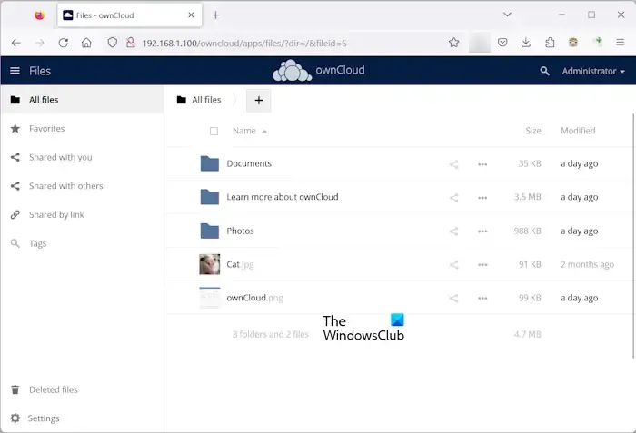 interface web ownCloud
