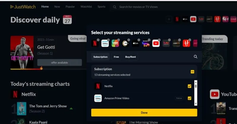 JustWatch com um recurso para adicionar vários serviços de streaming.