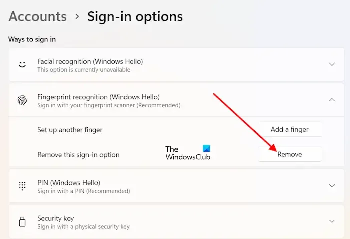 Rimuovere il riconoscimento delle impronte digitali (Windows Hello)