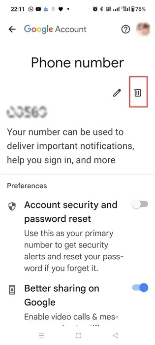 Suppression du numéro de téléphone du compte Google sur un téléphone Android.