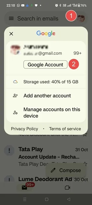 Etapas para acessar a conta do Google no telefone Android usando a foto do Gmail.