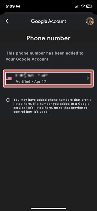 Selecione o número de telefone disponível para sua conta do Google no iOS no