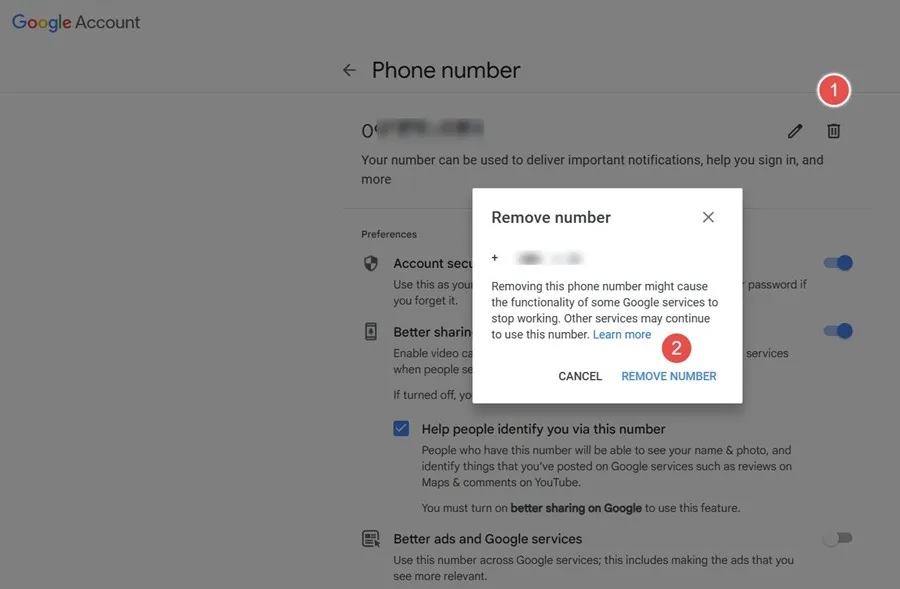 Es werden Schritte zum Löschen Ihrer Telefonnummer aus dem Google-Konto in einem Webbrowser angezeigt