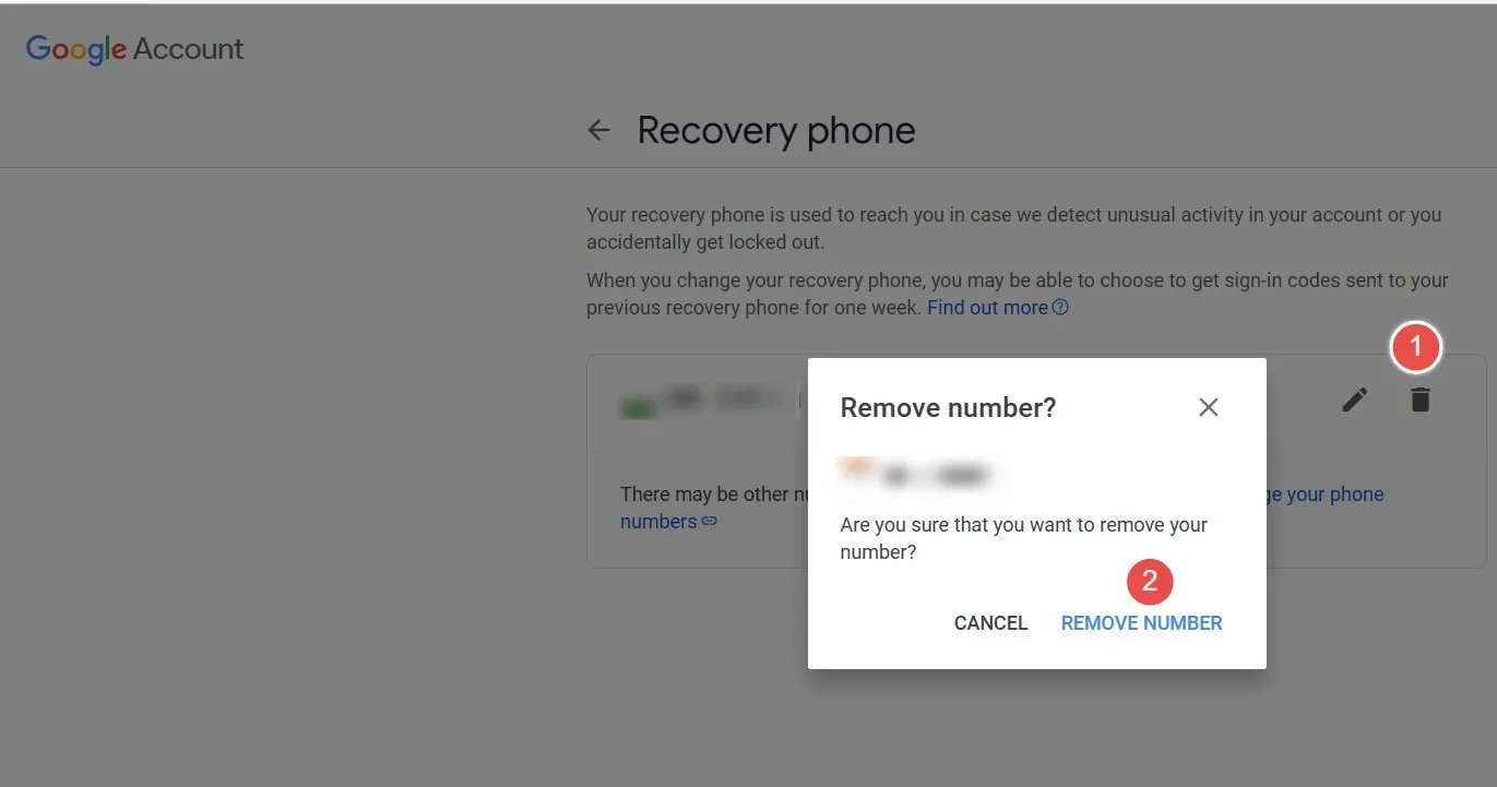 Web ブラウザで Google アカウントから再設定用の電話番号を削除する手順。