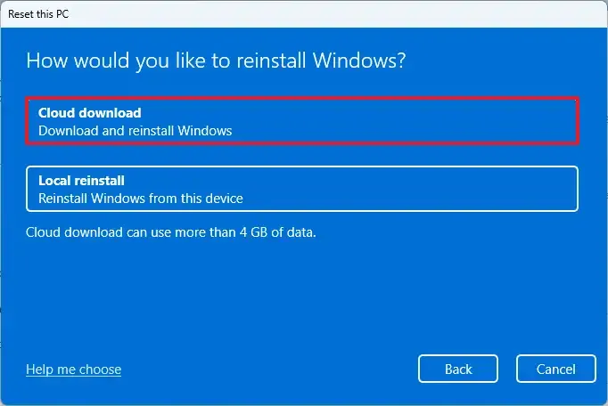 使用雲端下載選項進行 Windows 11 全新安裝