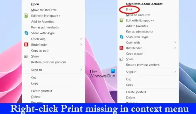 Klicken Sie im Windows 11-Kontextmenü mit der rechten Maustaste auf „Drucken fehlt“.