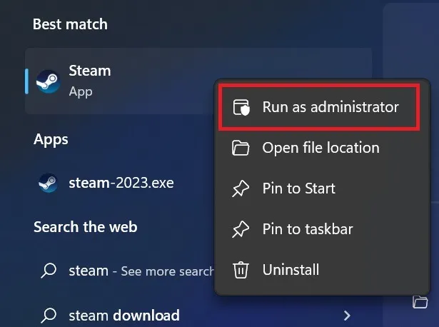 Executando o Steam como administrador no Windows.