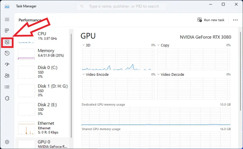 Schermata Task Manager che mostra la scheda Prestazioni e la sezione GPU