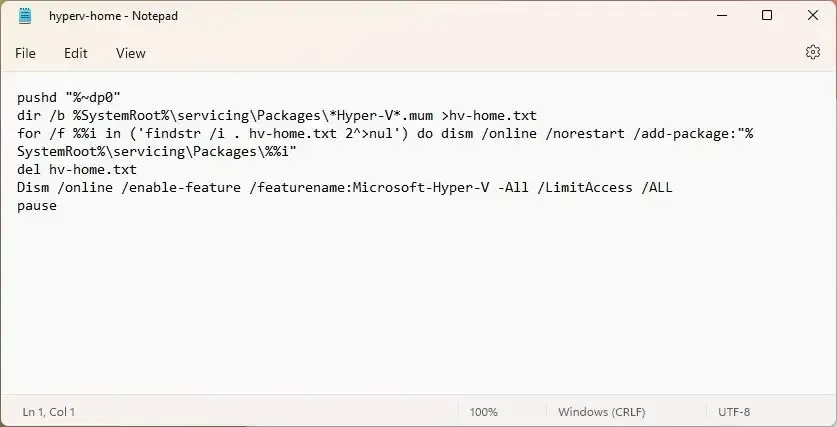 Windows 11 Home-script installeert Hyper-V