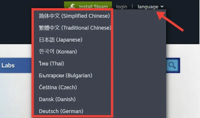 Wählen Sie in Steam oben rechts eine Sprache aus.